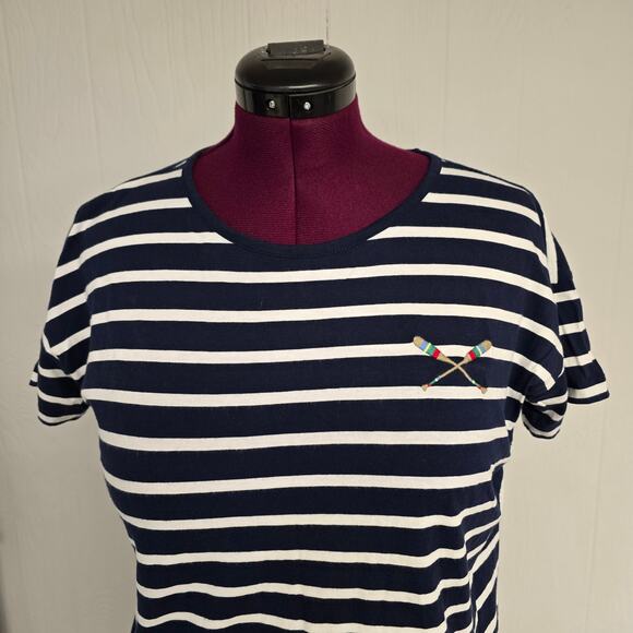 Women's LOFT Blue & White Striped Oversized Cropped Casual Tee | Size Small - Picture 4 of 6